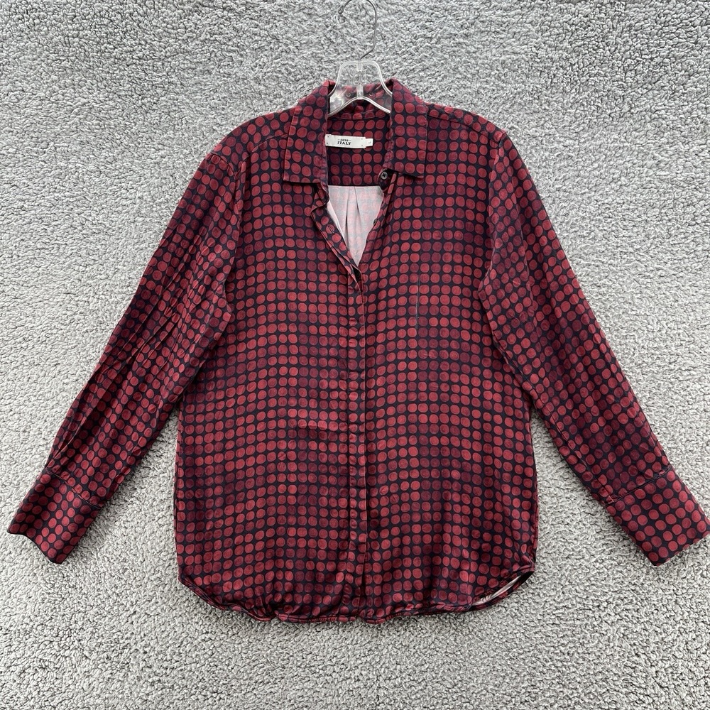 0039 Italy Shirt Womens Large Burgundy Polka Dot Silky Viscose Button Up Blouse